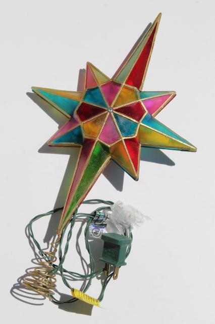 photo of 80s 90s vintage Christmas tree topper ornament, lighted star, capiz shell stained glass plastic #2