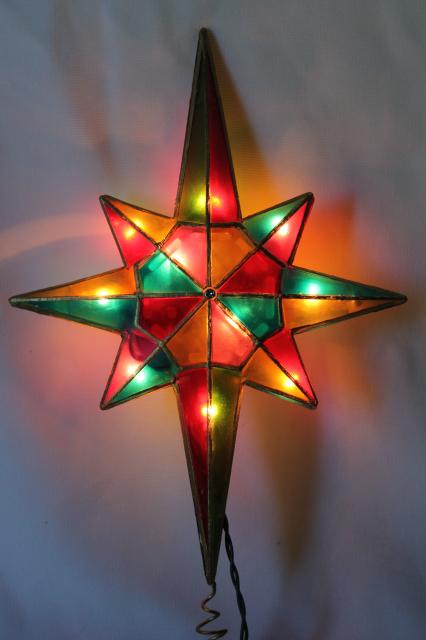 photo of 80s 90s vintage Christmas tree topper ornament, lighted star, capiz shell stained glass plastic #3