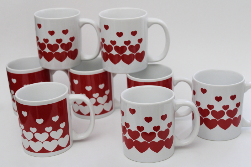 photo of 80s 90s vintage Enesco Valentines Day mugs, mod red & white hearts #1