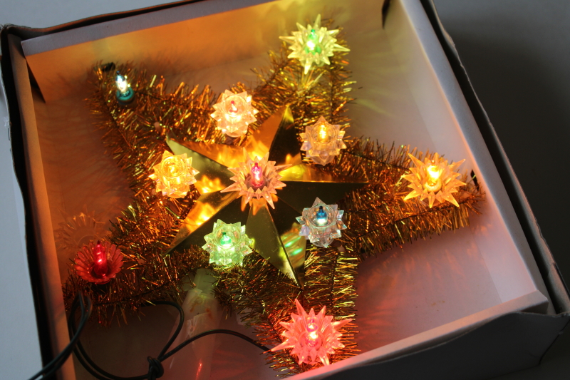photo of 80s 90s vintage Kmart gold tinsel star lighted Christmas tree topper in box, works  #3