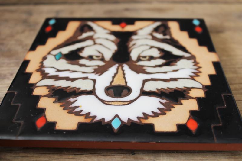 photo of 80s 90s vintage Masterworks art tile ceramic trivet, Native American wolf #2