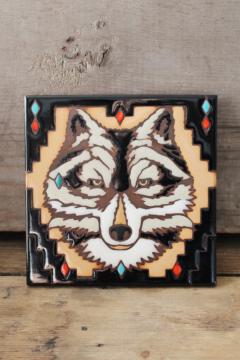 catalog photo of 80s 90s vintage Masterworks art tile ceramic trivet, Native American wolf