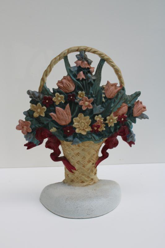 photo of 80s 90s vintage cast iron doorstop flower basket, antique reproduction Taiwan label #1