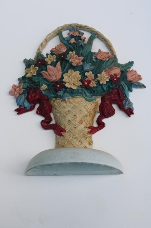 photo of 80s 90s vintage cast iron doorstop flower basket, antique reproduction Taiwan label #7