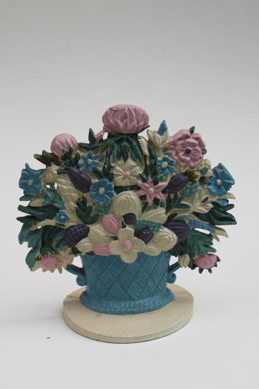 photo of 80s 90s vintage cast iron flower basket doorstop, antique reproduction Taiwan label #1