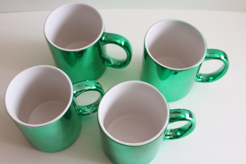 photo of 80s 90s vintage ceramic coffee mugs w/ green metallic foil color, set of cups made in Taiwan #4