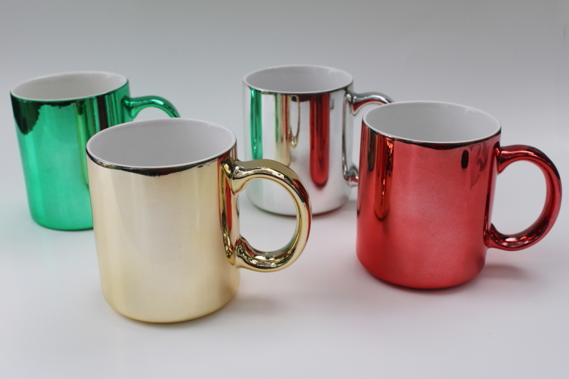 photo of 80s 90s vintage ceramic coffee mugs w/ metallic foil colors, set of cups made in Taiwan #2