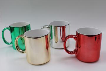 catalog photo of 80s 90s vintage ceramic coffee mugs w/ metallic foil colors, set of cups made in Taiwan