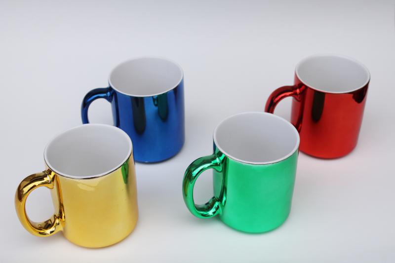 photo of 80s 90s vintage ceramic coffee mugs w/ metallic foil colors, set of cups made in Taiwan #2