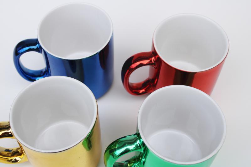 photo of 80s 90s vintage ceramic coffee mugs w/ metallic foil colors, set of cups made in Taiwan #3
