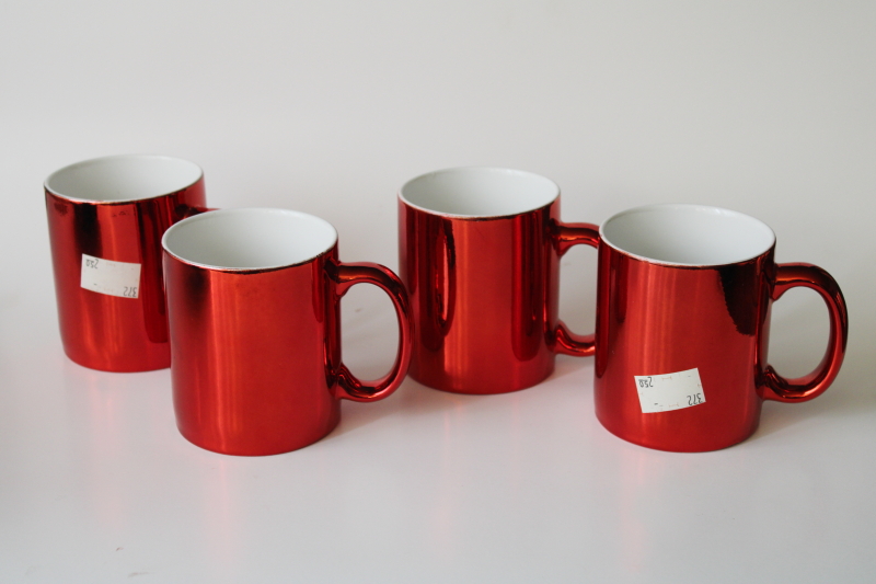 photo of 80s 90s vintage ceramic coffee mugs, red metallic foil made in Taiwan, set of 4 cups #1