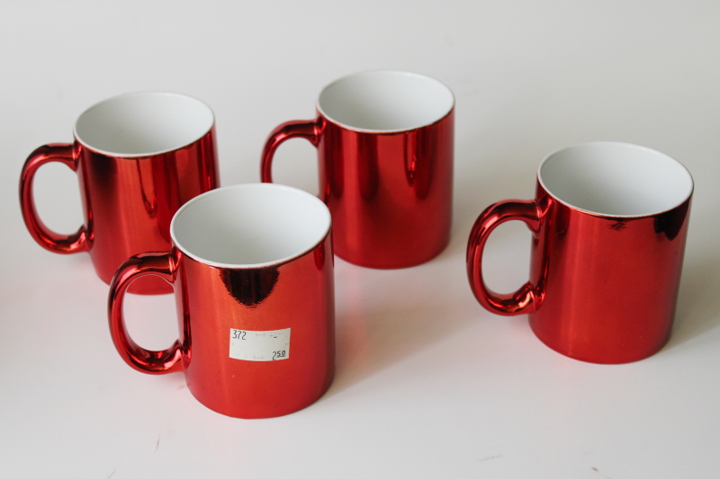 photo of 80s 90s vintage ceramic coffee mugs, red metallic foil made in Taiwan, set of 4 cups #2