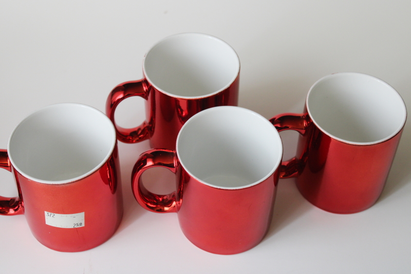 photo of 80s 90s vintage ceramic coffee mugs, red metallic foil made in Taiwan, set of 4 cups #3