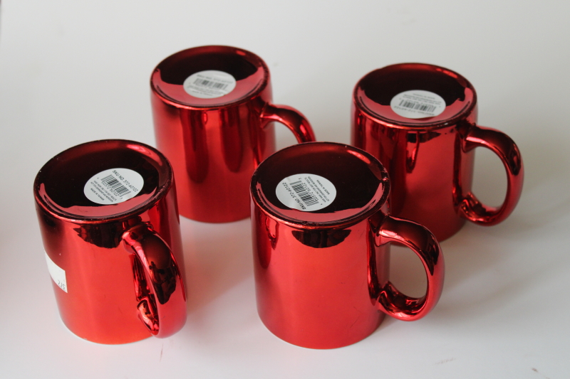 photo of 80s 90s vintage ceramic coffee mugs, red metallic foil made in Taiwan, set of 4 cups #5