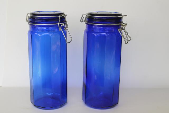 photo of 80s 90s vintage cobalt blue glass kitchen canisters, tall french canning jar style #1