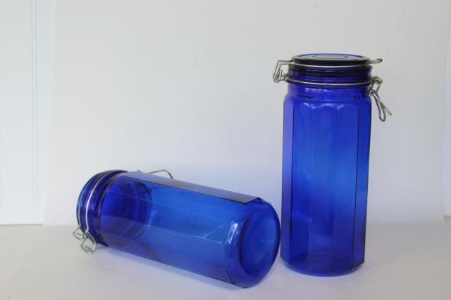 photo of 80s 90s vintage cobalt blue glass kitchen canisters, tall french canning jar style #3