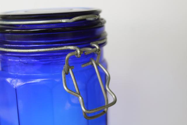photo of 80s 90s vintage cobalt blue glass kitchen canisters, tall french canning jar style #4