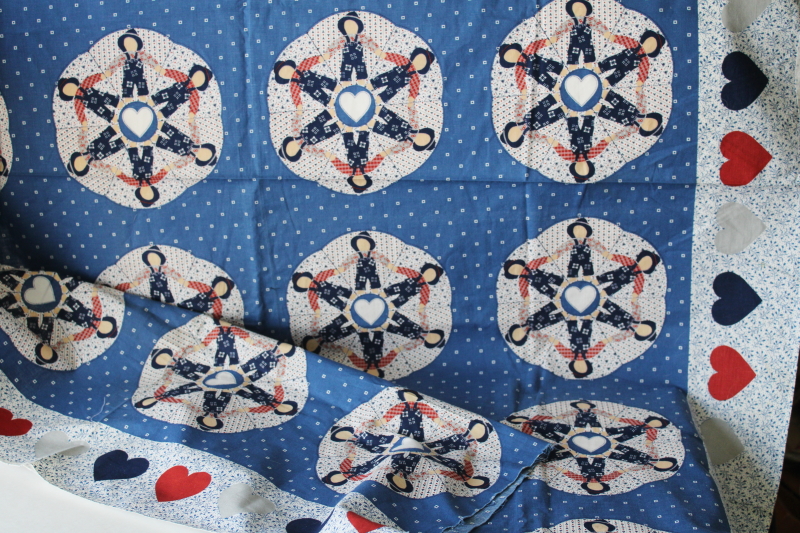 photo of 80s 90s vintage cotton fabric Amish print cheater quilt print farm country blue red hearts  #1