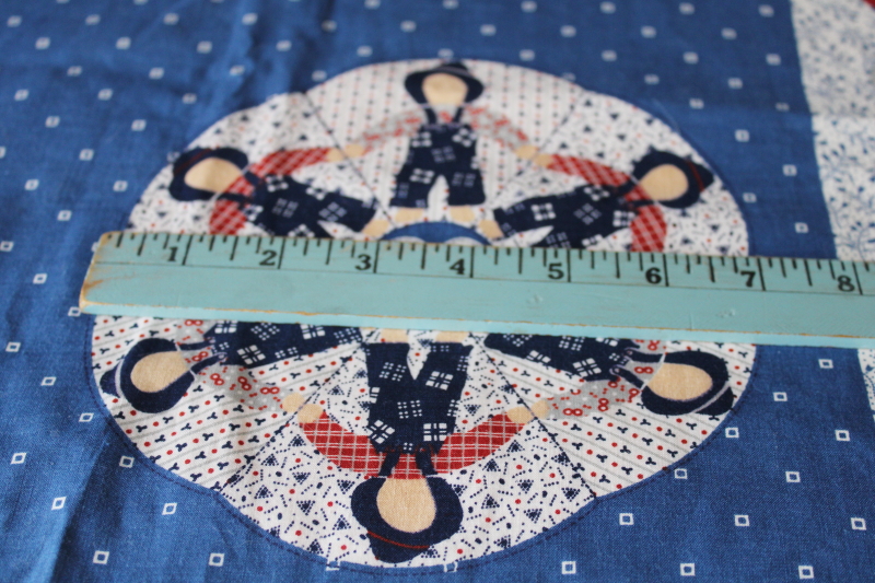photo of 80s 90s vintage cotton fabric Amish print cheater quilt print farm country blue red hearts #2