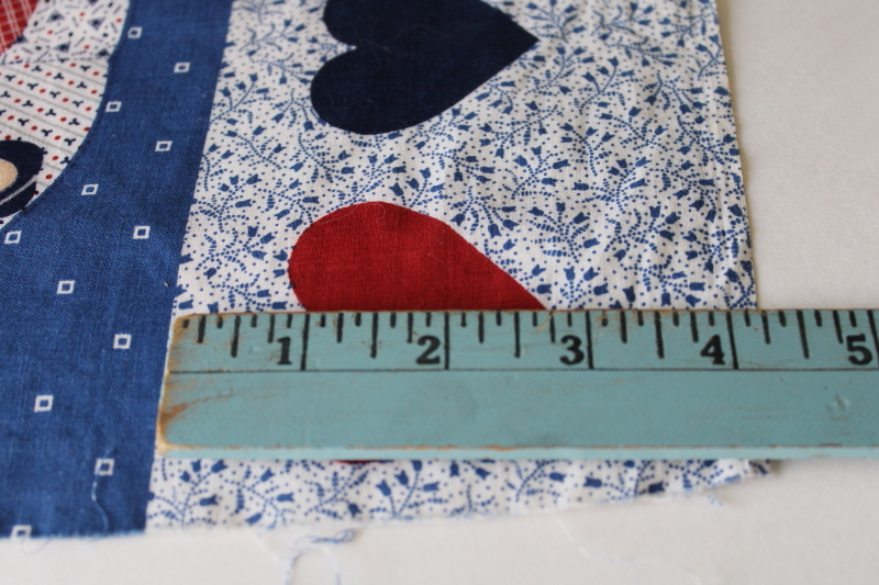 photo of 80s 90s vintage cotton fabric Amish print cheater quilt print farm country blue red hearts #3
