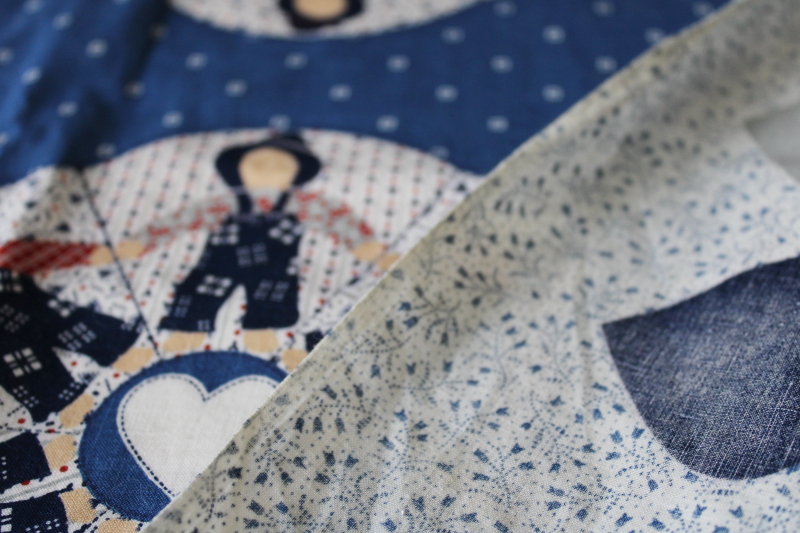 photo of 80s 90s vintage cotton fabric Amish print cheater quilt print farm country blue red hearts #4
