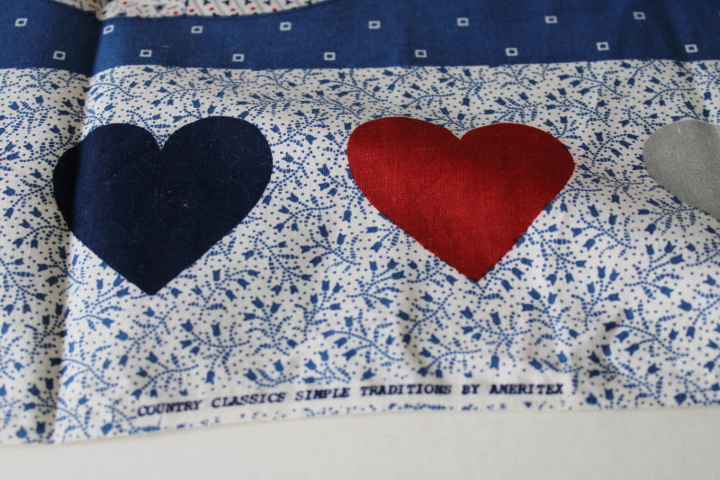 photo of 80s 90s vintage cotton fabric Amish print cheater quilt print farm country blue red hearts #5