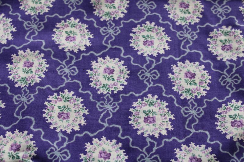 photo of 80s 90s vintage cotton print fabric, Victorian lace bouquets of violets on purple #1