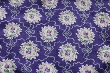 catalog photo of 80s 90s vintage cotton print fabric, Victorian lace bouquets of violets on purple