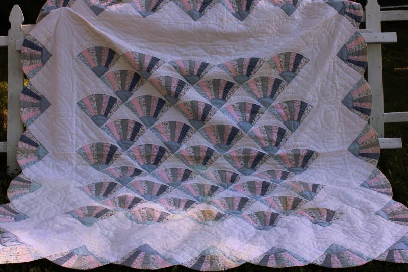 photo of 80s 90s vintage cotton quilt, country blue & pink fabrics fan pattern hand stitched #1