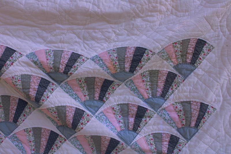 photo of 80s 90s vintage cotton quilt, country blue & pink fabrics fan pattern hand stitched #6