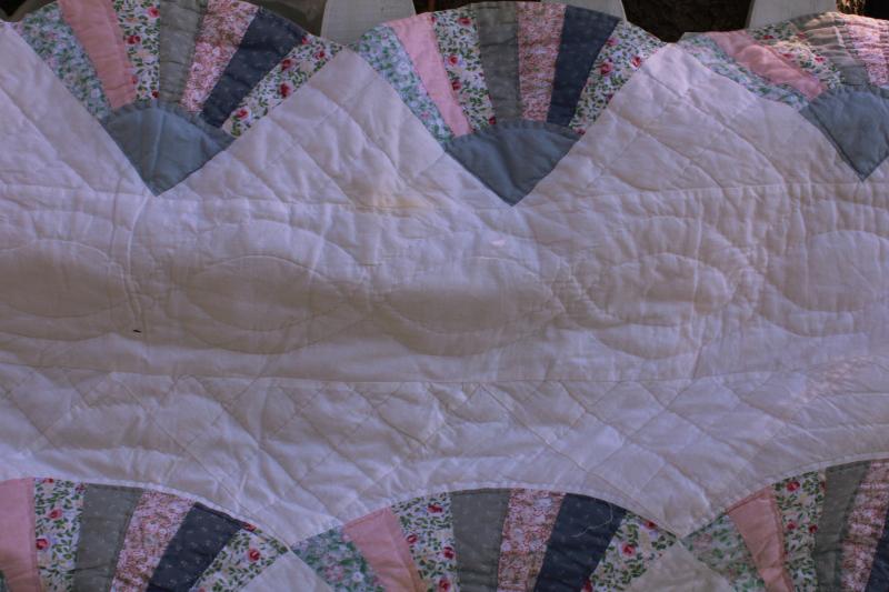 photo of 80s 90s vintage cotton quilt, country blue & pink fabrics fan pattern hand stitched #7