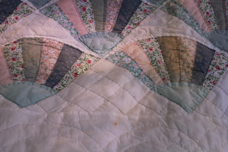 photo of 80s 90s vintage cotton quilt, country blue & pink fabrics fan pattern hand stitched #8