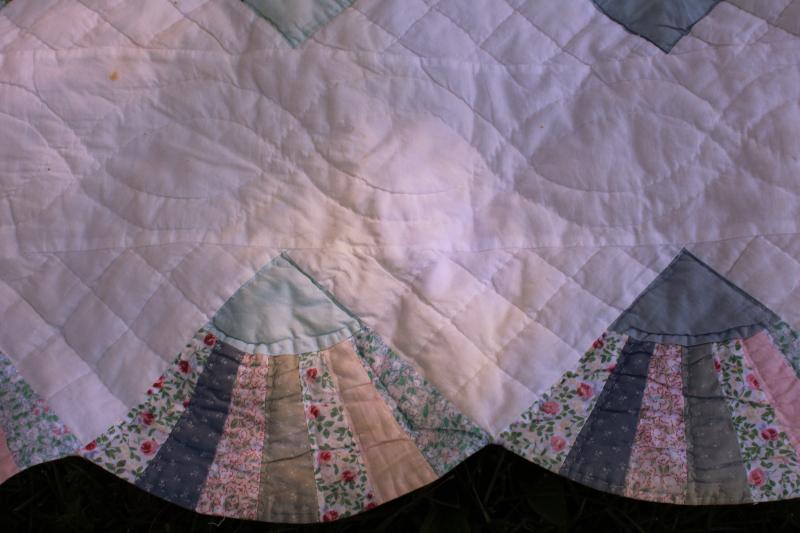 photo of 80s 90s vintage cotton quilt, country blue & pink fabrics fan pattern hand stitched #10