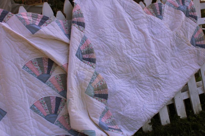 photo of 80s 90s vintage cotton quilt, country blue & pink fabrics fan pattern hand stitched #11