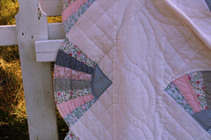 photo of 80s 90s vintage cotton quilt, country blue & pink fabrics fan pattern hand stitched #12