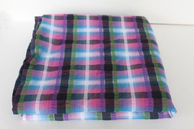 photo of 80s 90s vintage cotton seersucker fabric, plum purple olive green black plaid #2