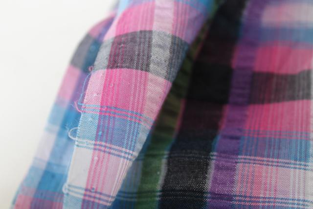 photo of 80s 90s vintage cotton seersucker fabric, plum purple olive green black plaid #3