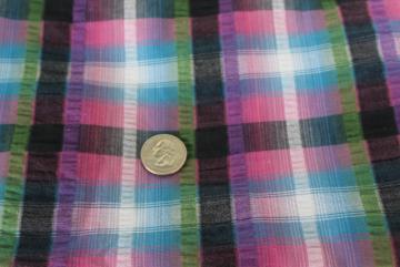 80s 90s vintage cotton seersucker fabric, plum purple olive green black plaid