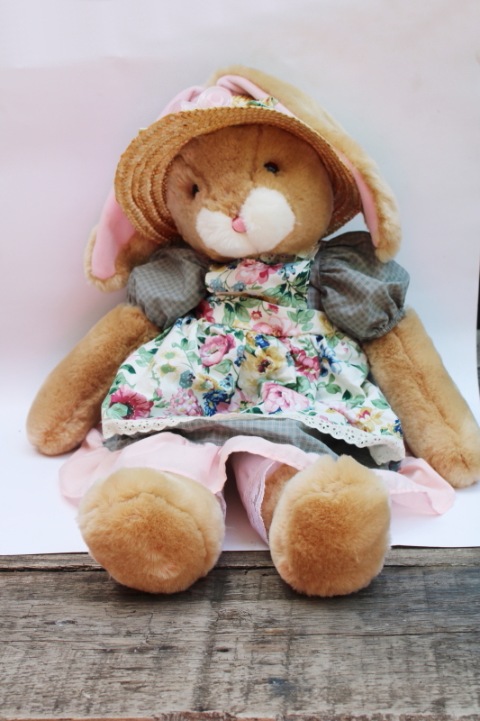 photo of 80s 90s vintage girl bunny doll in straw hat, pretty pinafore dress large stuffed animal toy  #1