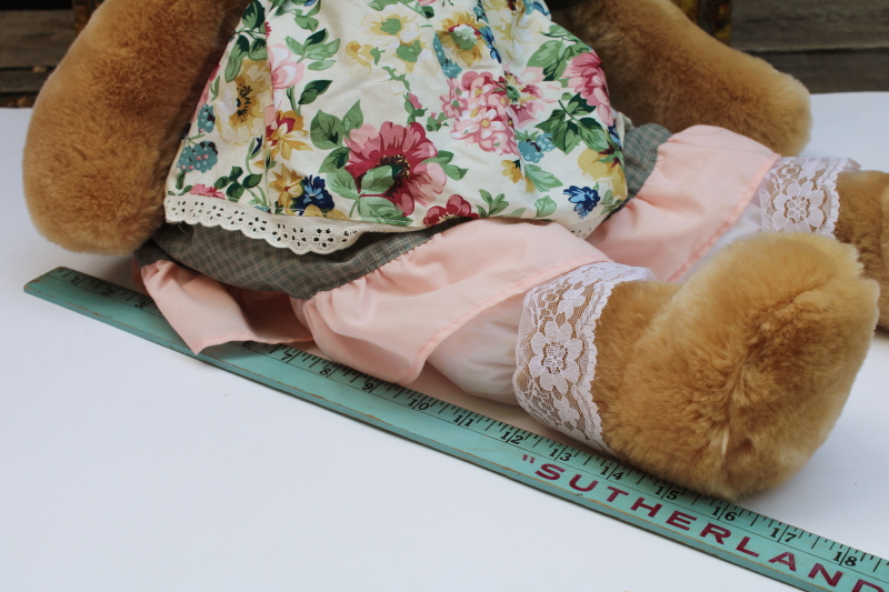 photo of 80s 90s vintage girl bunny doll in straw hat, pretty pinafore dress large stuffed animal toy #3