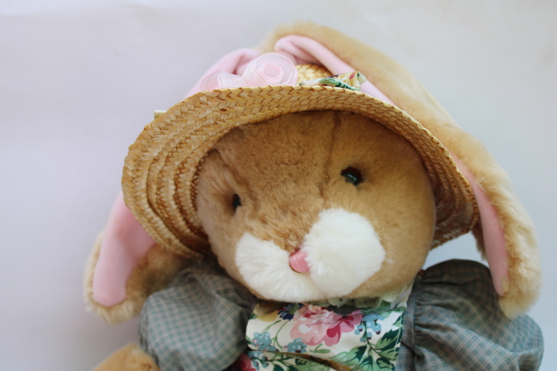 photo of 80s 90s vintage girl bunny doll in straw hat, pretty pinafore dress large stuffed animal toy #4