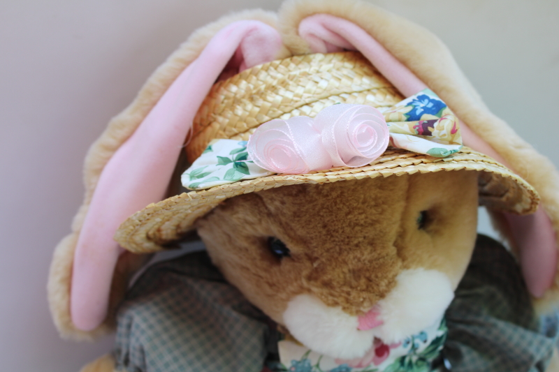 photo of 80s 90s vintage girl bunny doll in straw hat, pretty pinafore dress large stuffed animal toy #5