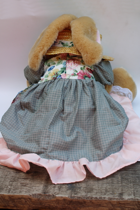 photo of 80s 90s vintage girl bunny doll in straw hat, pretty pinafore dress large stuffed animal toy #6