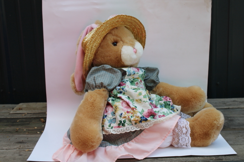 photo of 80s 90s vintage girl bunny doll in straw hat, pretty pinafore dress large stuffed animal toy #7