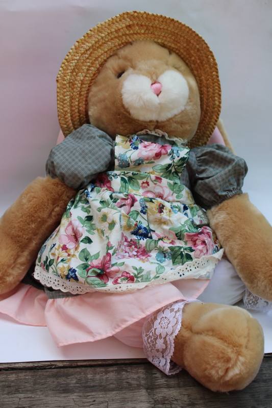 photo of 80s 90s vintage girl bunny doll in straw hat, pretty pinafore dress large stuffed animal toy #9