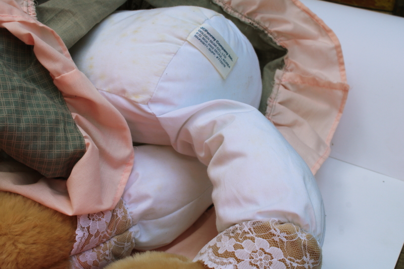 photo of 80s 90s vintage girl bunny doll in straw hat, pretty pinafore dress large stuffed animal toy #10
