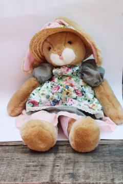 catalog photo of 80s 90s vintage girl bunny doll in straw hat, pretty pinafore dress large stuffed animal toy 