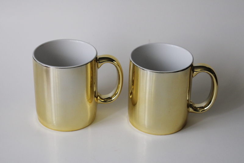 photo of 80s 90s vintage gold metallic foil ceramic coffee mugs, holiday tableware made in Taiwan #1