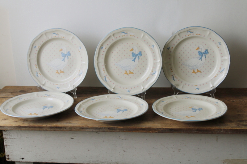 photo of 80s 90s vintage goose w/ bow Aunt Rhody Brick Oven stoneware dishes, never used set for 6  #10