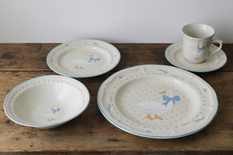 photo of 80s 90s vintage goose w/ bow Aunt Rhody Brick Oven stoneware dishes, never used set for 6  #15